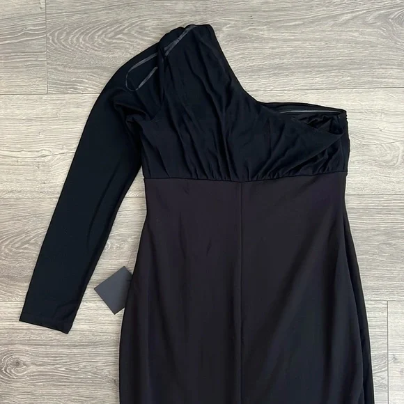 Lulus Stunning Essence One Shoulder Mermaid Maxi Dress Large Black Slit Mesh NWT - Picture 11 of 12